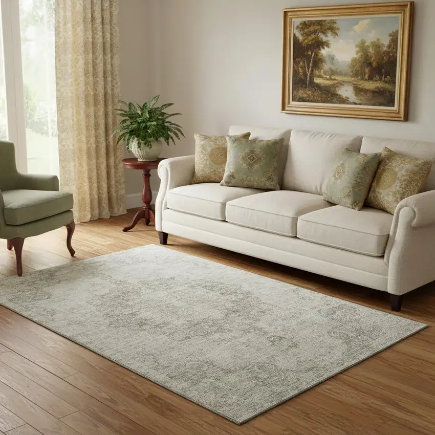 Beige And Taupe Oriental Washable Area Rug With UV Protection Photo 2