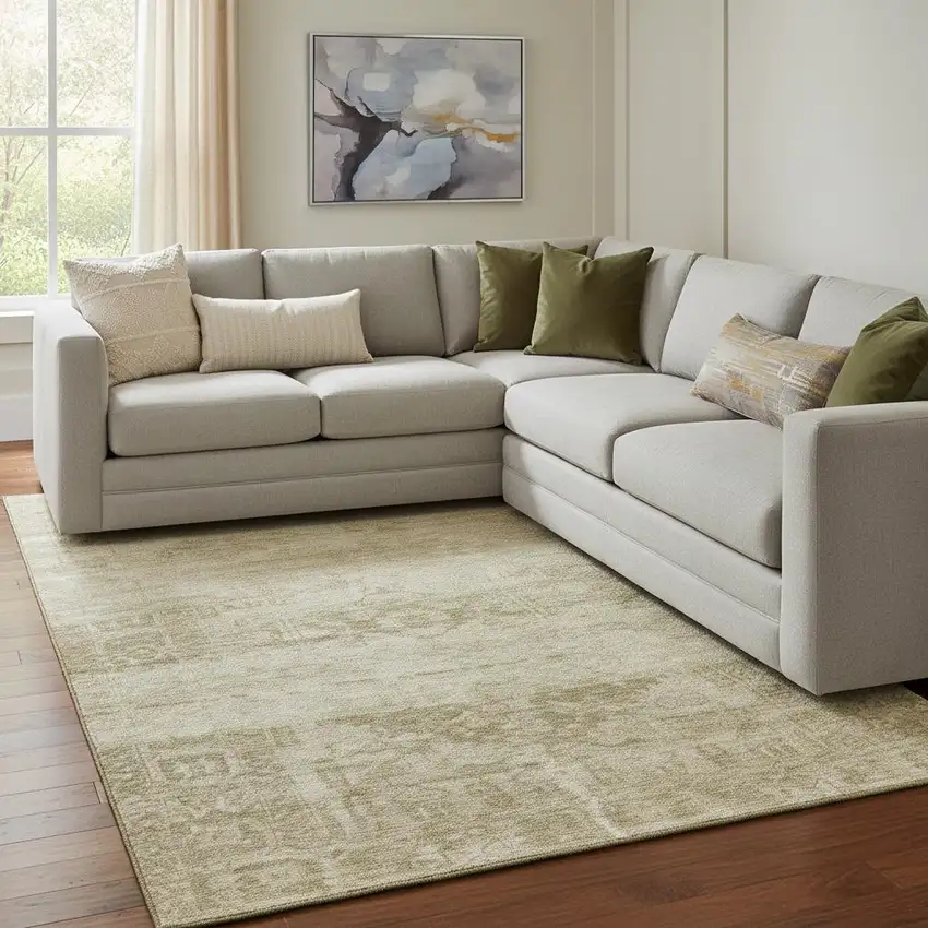 Beige And Taupe Oriental Washable Area Rug With UV Protection Photo 2