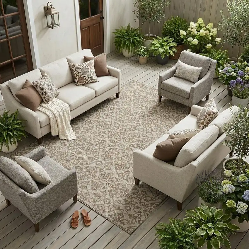 Beige And Taupe Oriental Washable Indoor Outdoor Area Rug Photo 1