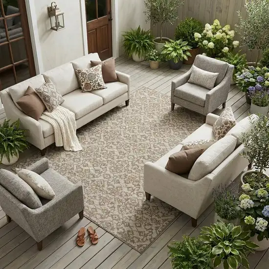 Beige And Taupe Oriental Washable Indoor Outdoor Area Rug Photo 1