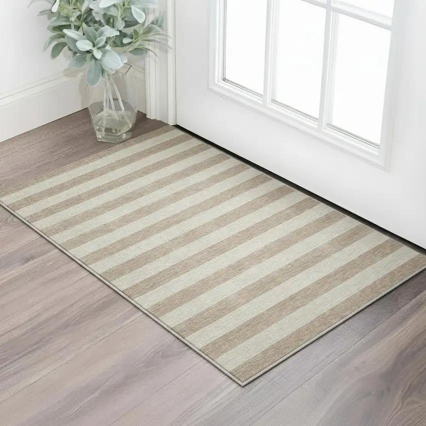 Beige And Taupe Striped Washable Area Rug With UV Protection Photo 2