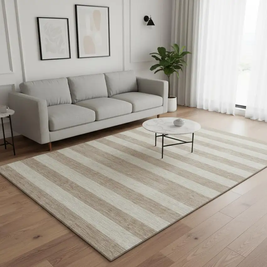Beige And Taupe Striped Washable Area Rug With UV Protection Photo 2