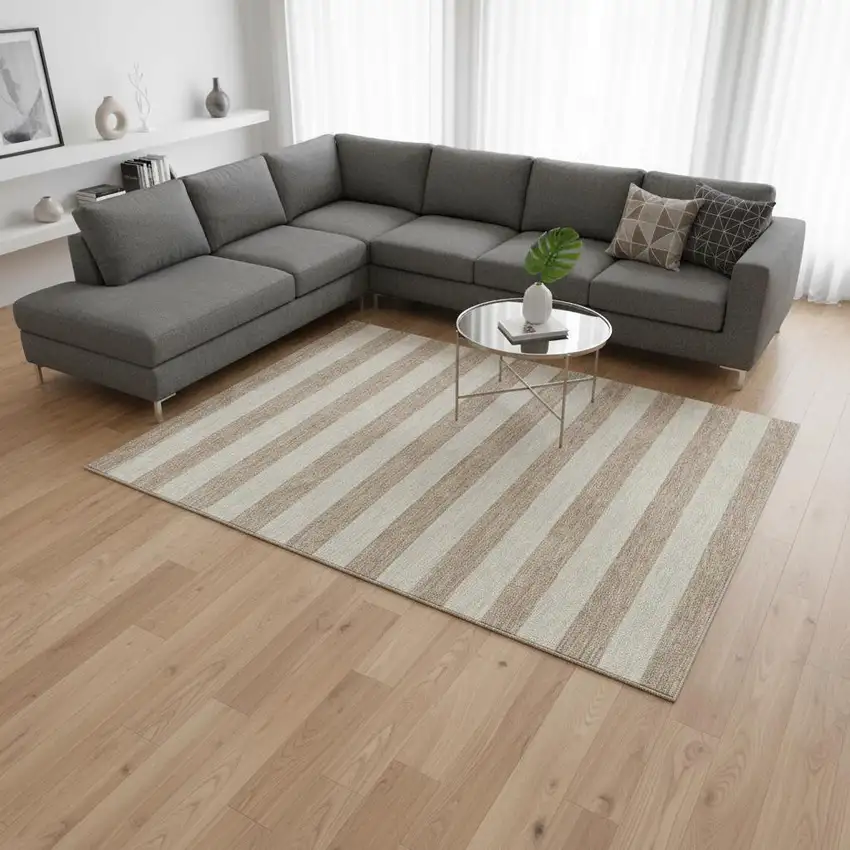 Beige And Taupe Striped Washable Area Rug With UV Protection Photo 2