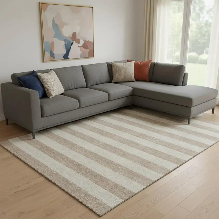 Beige And Taupe Striped Washable Area Rug With UV Protection Photo 1