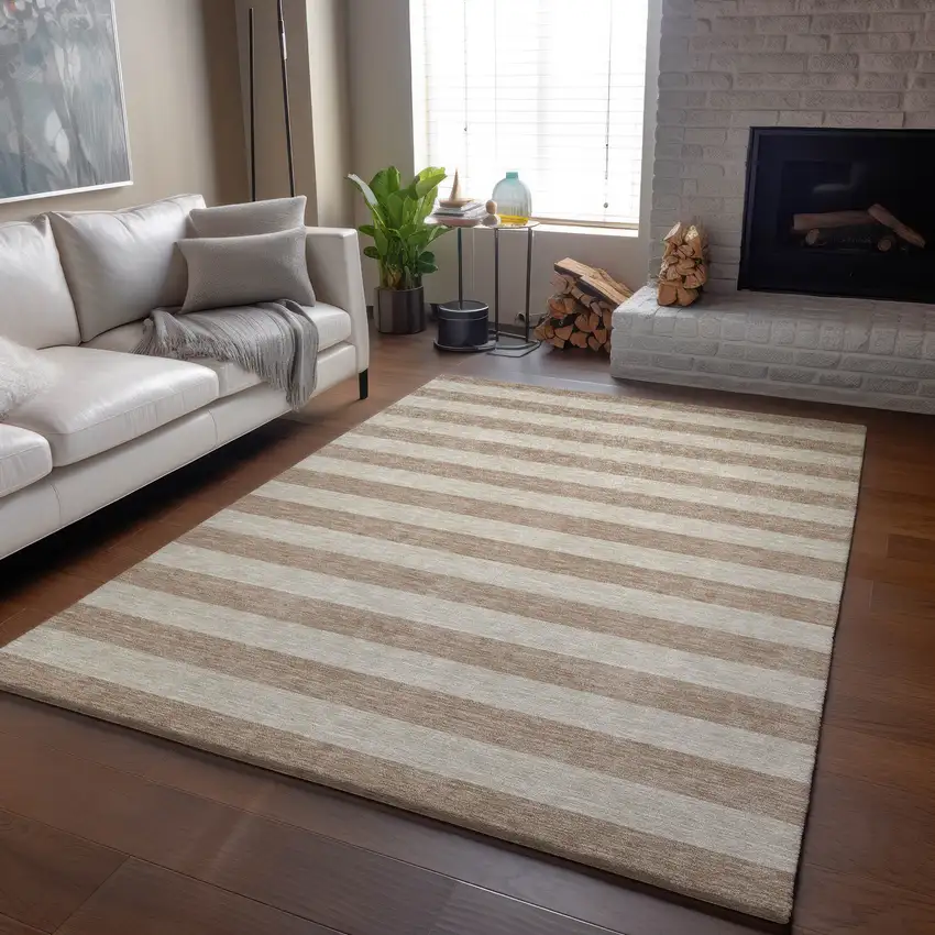Beige And Taupe Striped Washable Area Rug With UV Protection Photo 6