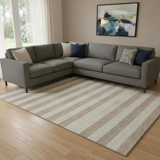 Beige And Taupe Striped Washable Area Rug With UV Protection Photo 1