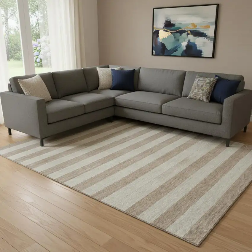 Beige And Taupe Striped Washable Area Rug With UV Protection Photo 1