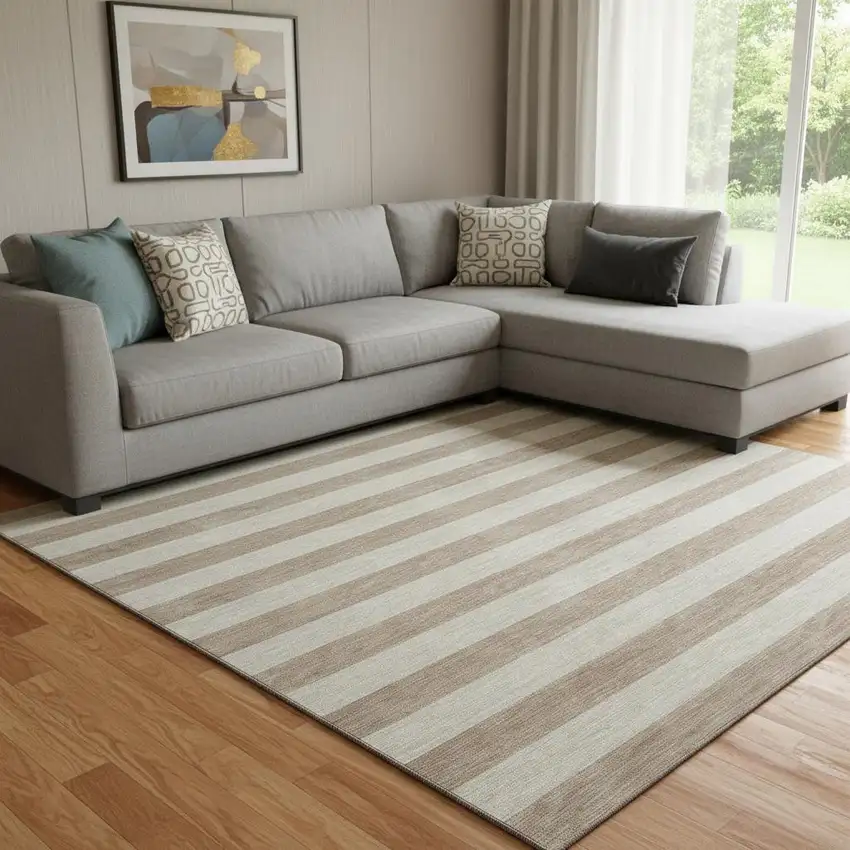 Beige And Taupe Striped Washable Area Rug With UV Protection Photo 1