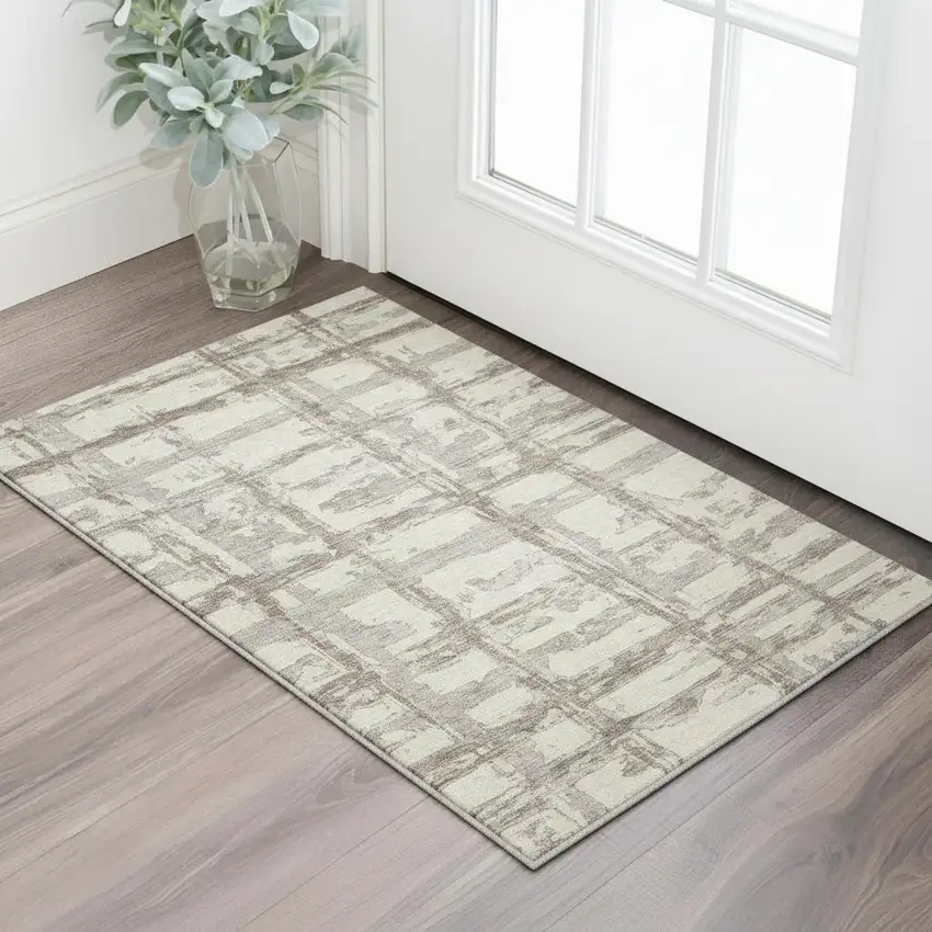 Beige And Taupe Striped Washable Area Rug With UV Protection Photo 2