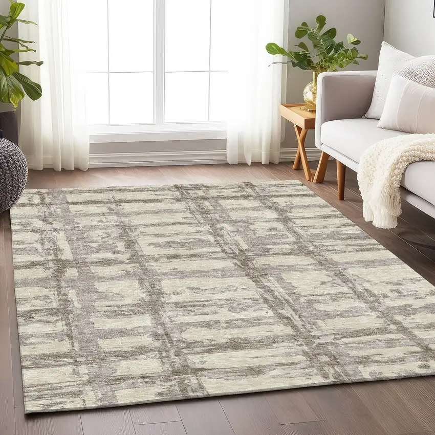 Beige And Taupe Striped Washable Area Rug With UV Protection Photo 5