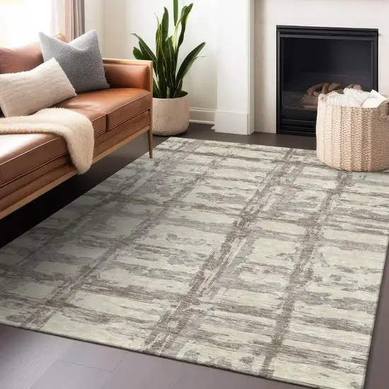 Beige And Taupe Striped Washable Area Rug With UV Protection Photo 6