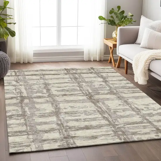 Beige And Taupe Striped Washable Area Rug With UV Protection Photo 5