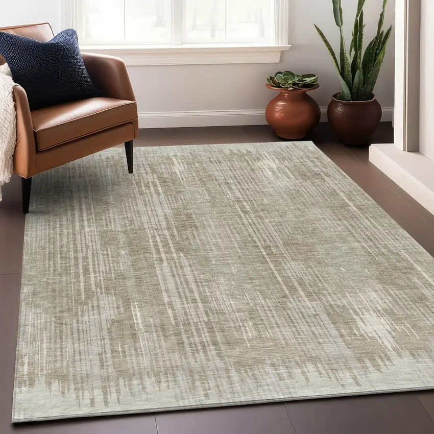 Beige And Taupe Striped Washable Area Rug With UV Protection Photo 2