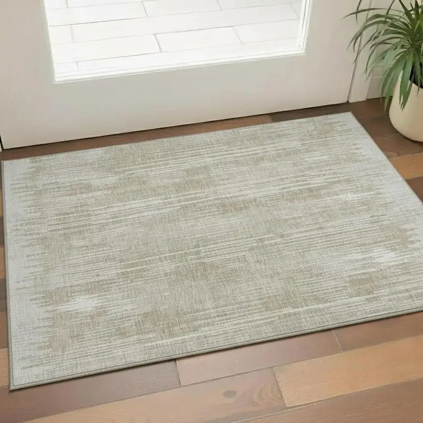 Beige And Taupe Striped Washable Area Rug With UV Protection Photo 1
