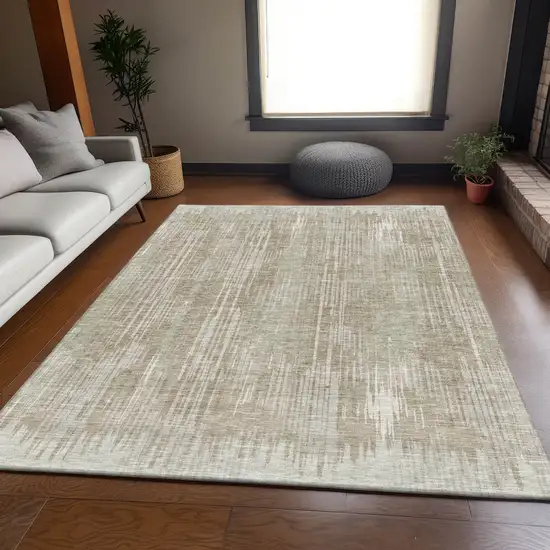 Beige And Taupe Striped Washable Area Rug With UV Protection Photo 1