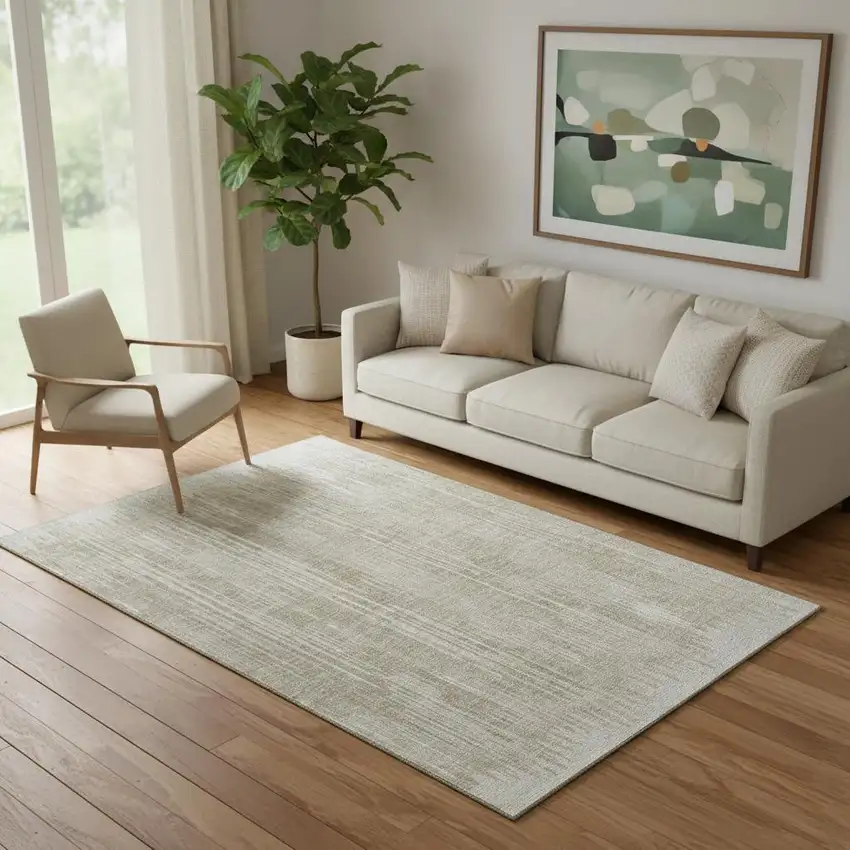 Beige And Taupe Striped Washable Area Rug With UV Protection Photo 1