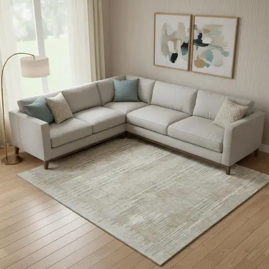 Beige And Taupe Striped Washable Area Rug With UV Protection Photo 1