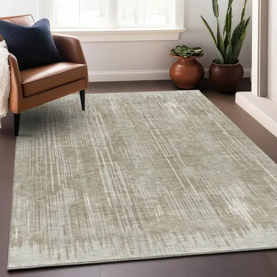 Beige And Taupe Striped Washable Area Rug With UV Protection Photo 2