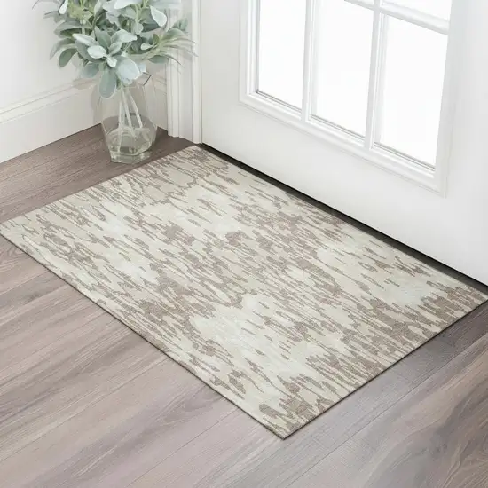 Beige And Taupe Striped Washable Area Rug With UV Protection Photo 2