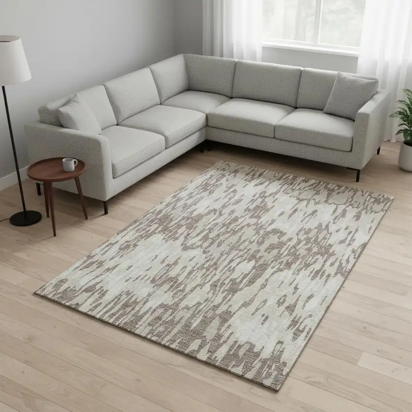 Beige And Taupe Striped Washable Area Rug With UV Protection Photo 2