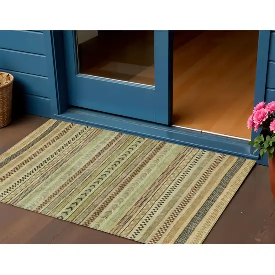 Beige And Taupe Striped Washable Indoor Outdoor Area Rug Photo 2