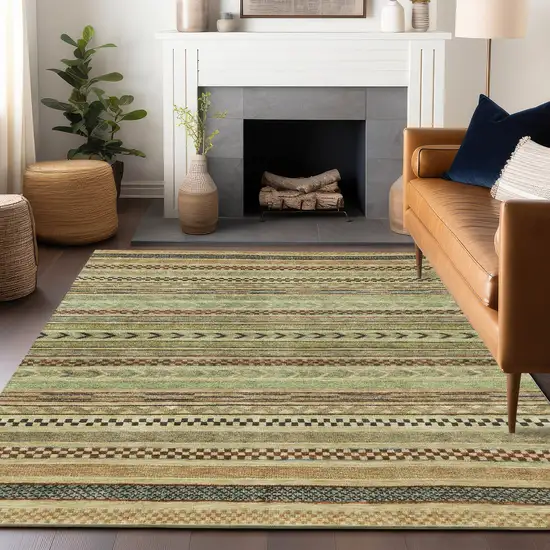 Beige And Taupe Striped Washable Indoor Outdoor Area Rug Photo 8