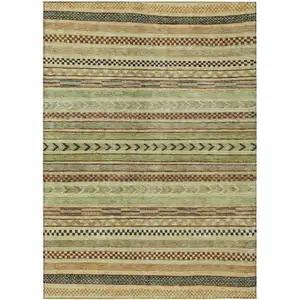 Photo of Beige And Taupe Striped Washable Indoor Outdoor Area Rug