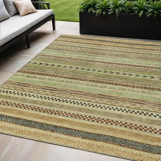 Beige And Taupe Striped Washable Indoor Outdoor Area Rug Photo 2