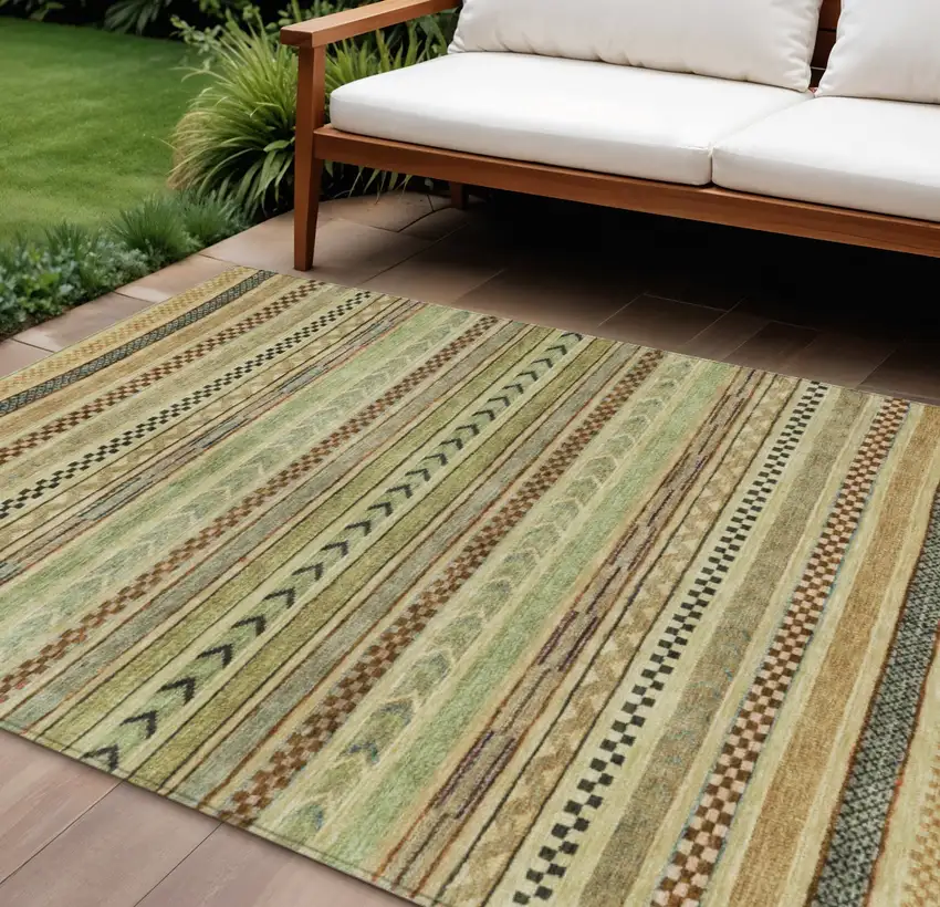 Beige And Taupe Striped Washable Indoor Outdoor Area Rug Photo 2