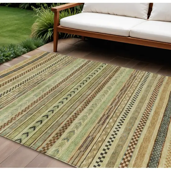 Beige And Taupe Striped Washable Indoor Outdoor Area Rug Photo 2