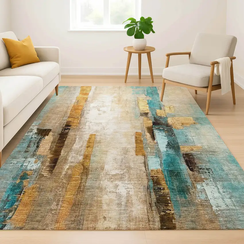 Beige And Teal Abstract Washable Area Rug With UV Protection Photo 2