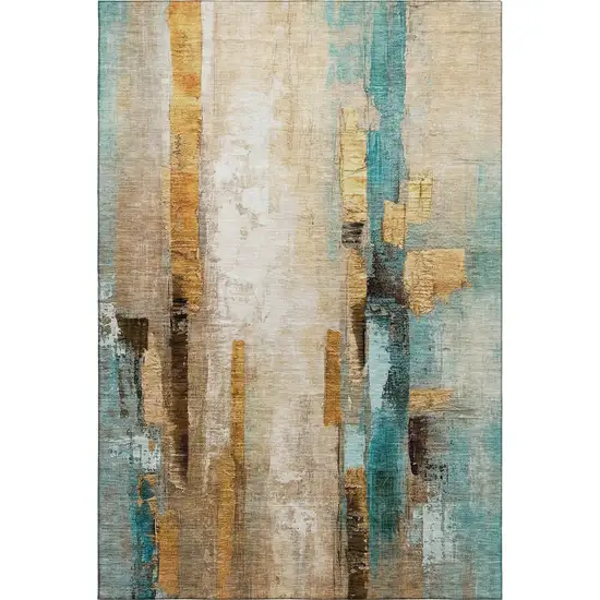 Beige And Teal Abstract Washable Area Rug With UV Protection Photo 3