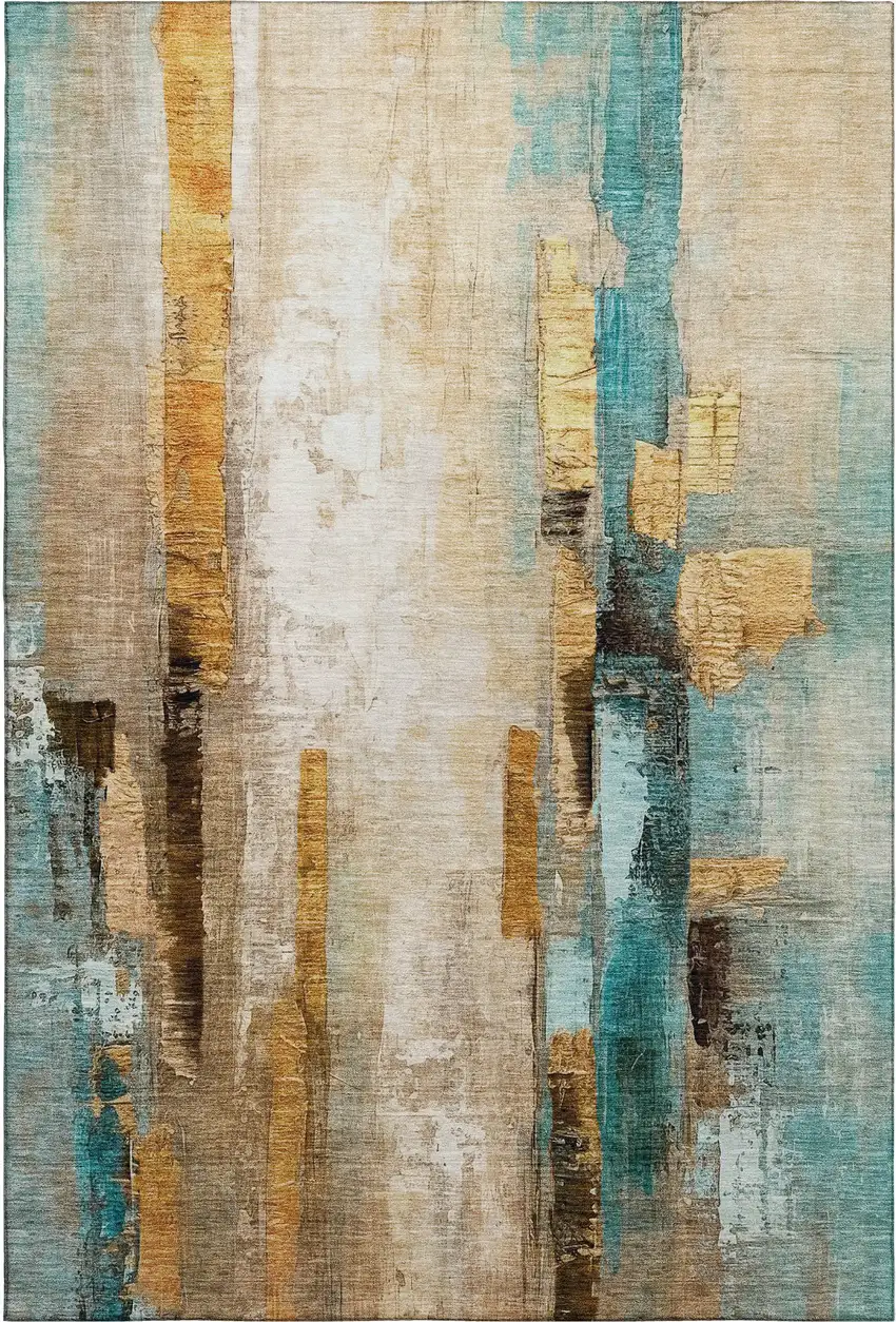 Beige And Teal Abstract Washable Area Rug With UV Protection Photo 3
