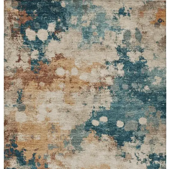 Beige And Teal Blue Abstract Washable Indoor Outdoor Area Rug Photo 9