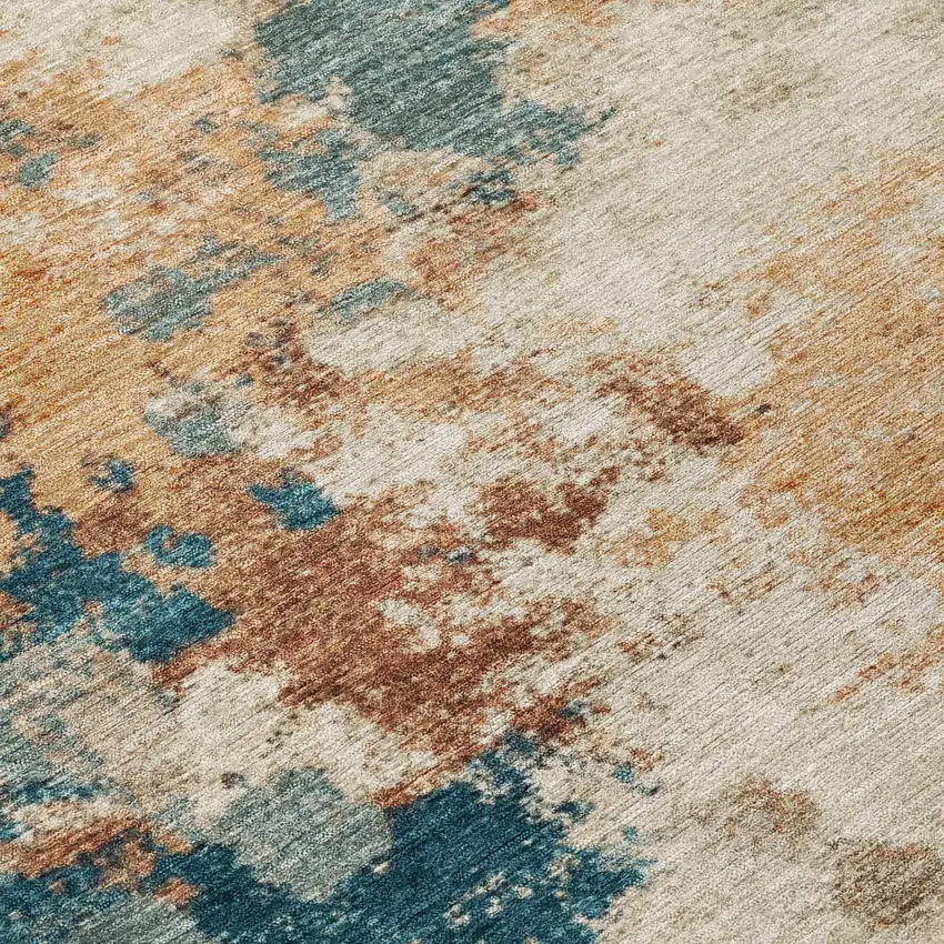 Beige And Teal Blue Abstract Washable Indoor Outdoor Area Rug Photo 1