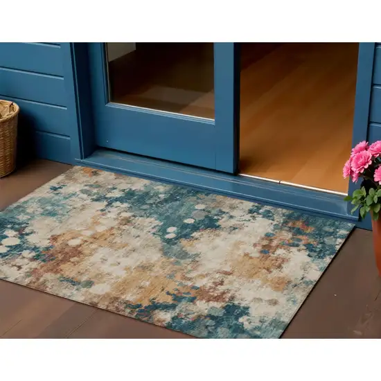 Beige And Teal Blue Abstract Washable Indoor Outdoor Area Rug Photo 2