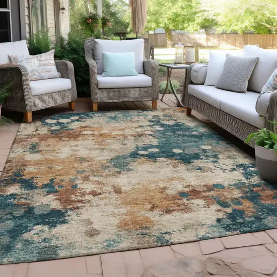 Beige And Teal Blue Abstract Washable Indoor Outdoor Area Rug Photo 4