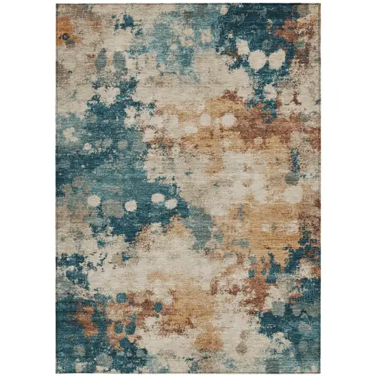 Beige And Teal Blue Abstract Washable Indoor Outdoor Area Rug Photo 9