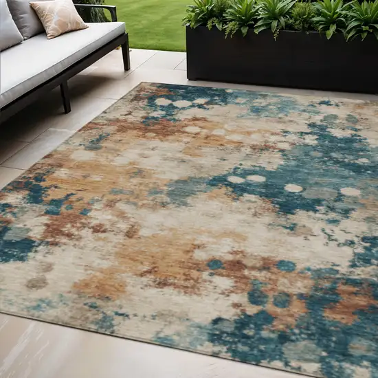 Beige And Teal Blue Abstract Washable Indoor Outdoor Area Rug Photo 2