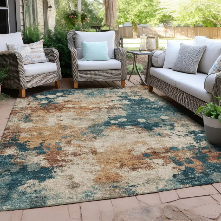 Beige And Teal Blue Abstract Washable Indoor Outdoor Area Rug Photo 4