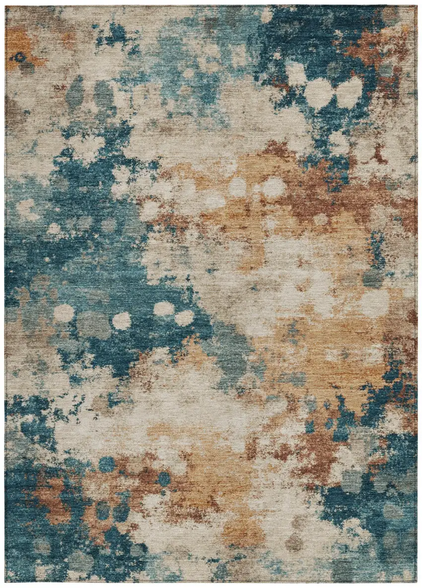 Beige And Teal Blue Abstract Washable Indoor Outdoor Area Rug Photo 9