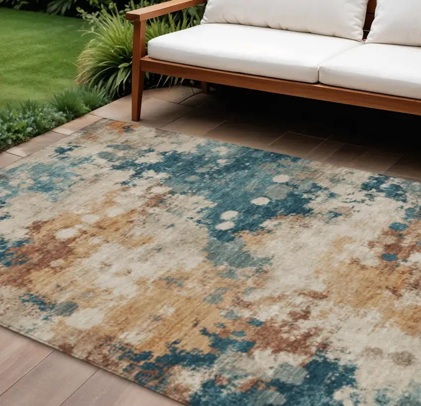 Beige And Teal Blue Abstract Washable Indoor Outdoor Area Rug Photo 2