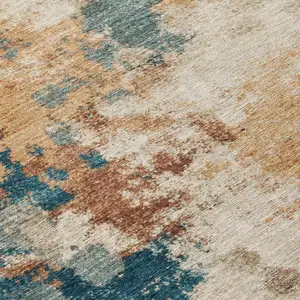 Photo of Beige And Teal Blue Abstract Washable Indoor Outdoor Area Rug