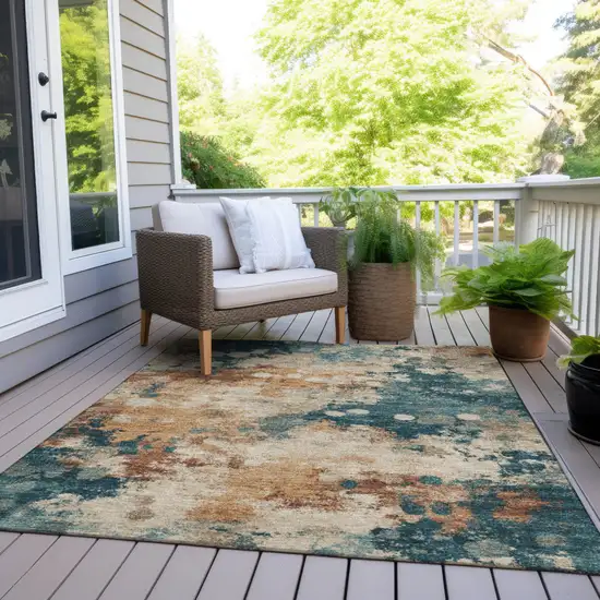 Beige And Teal Blue Abstract Washable Indoor Outdoor Area Rug Photo 7