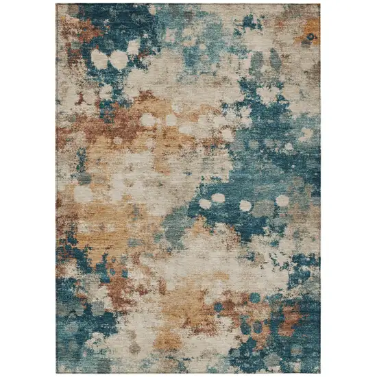 Beige And Teal Blue Abstract Washable Indoor Outdoor Area Rug Photo 8