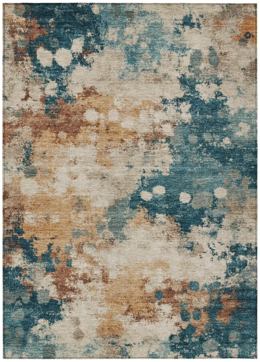 Beige And Teal Blue Abstract Washable Indoor Outdoor Area Rug Photo 8