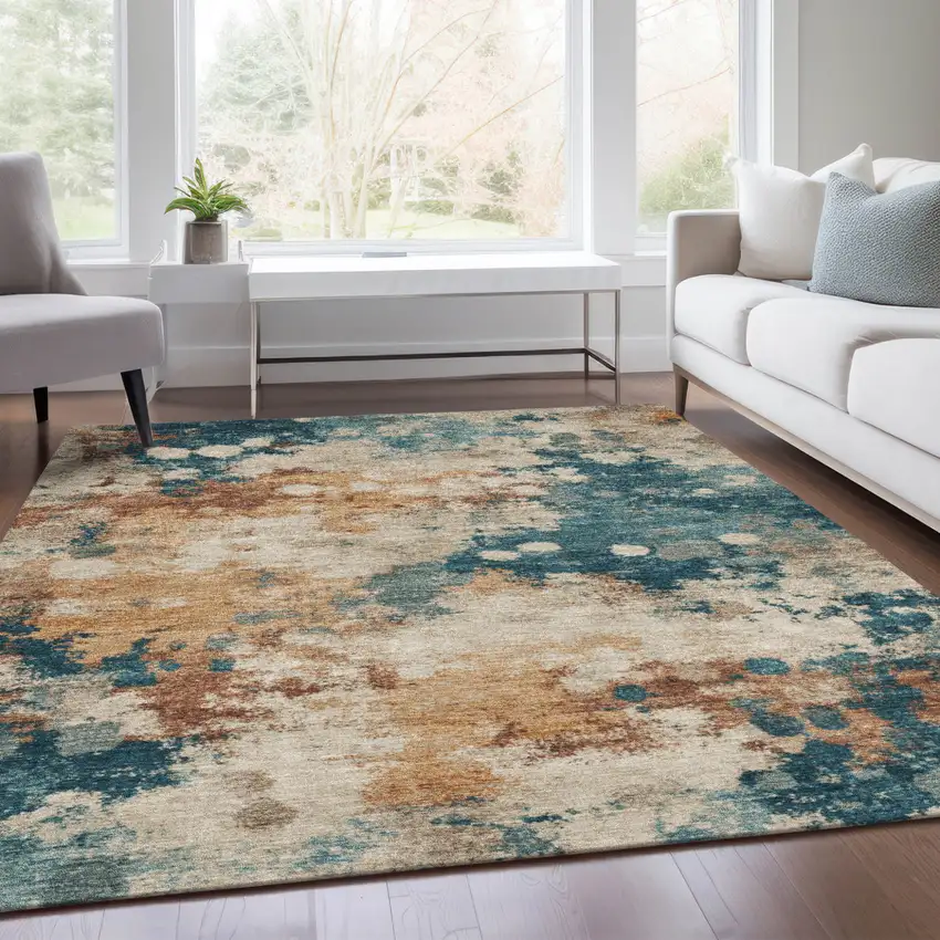 Beige And Teal Blue Abstract Washable Indoor Outdoor Area Rug Photo 6
