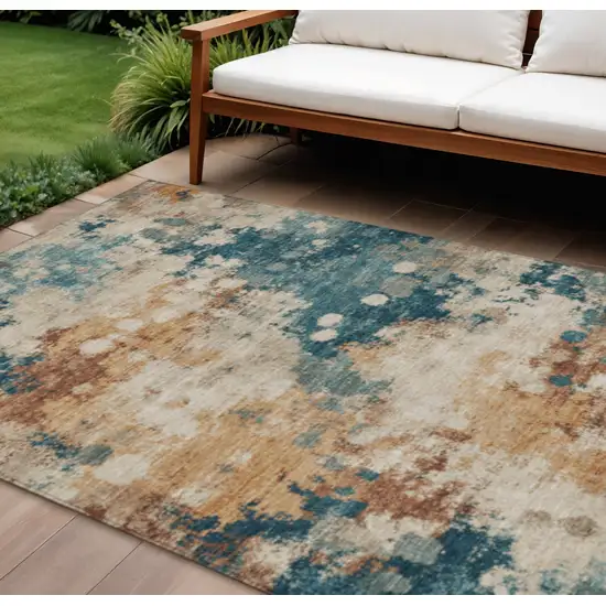 Beige And Teal Blue Abstract Washable Indoor Outdoor Area Rug Photo 2
