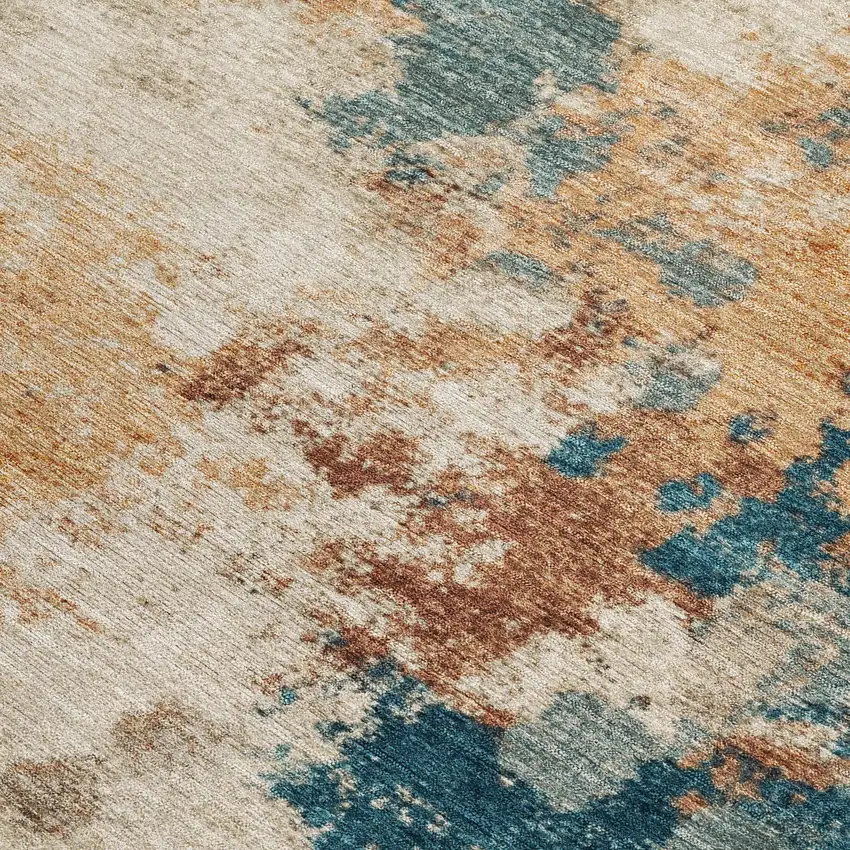 Beige And Teal Blue Abstract Washable Indoor Outdoor Area Rug Photo 3