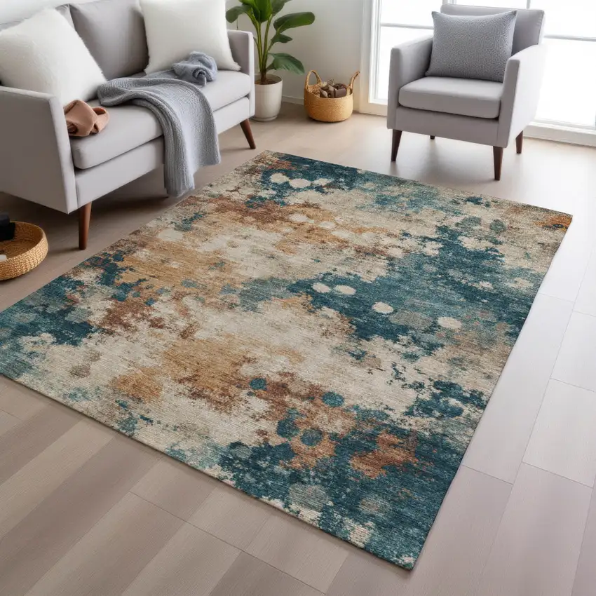 Beige And Teal Blue Abstract Washable Indoor Outdoor Area Rug Photo 5